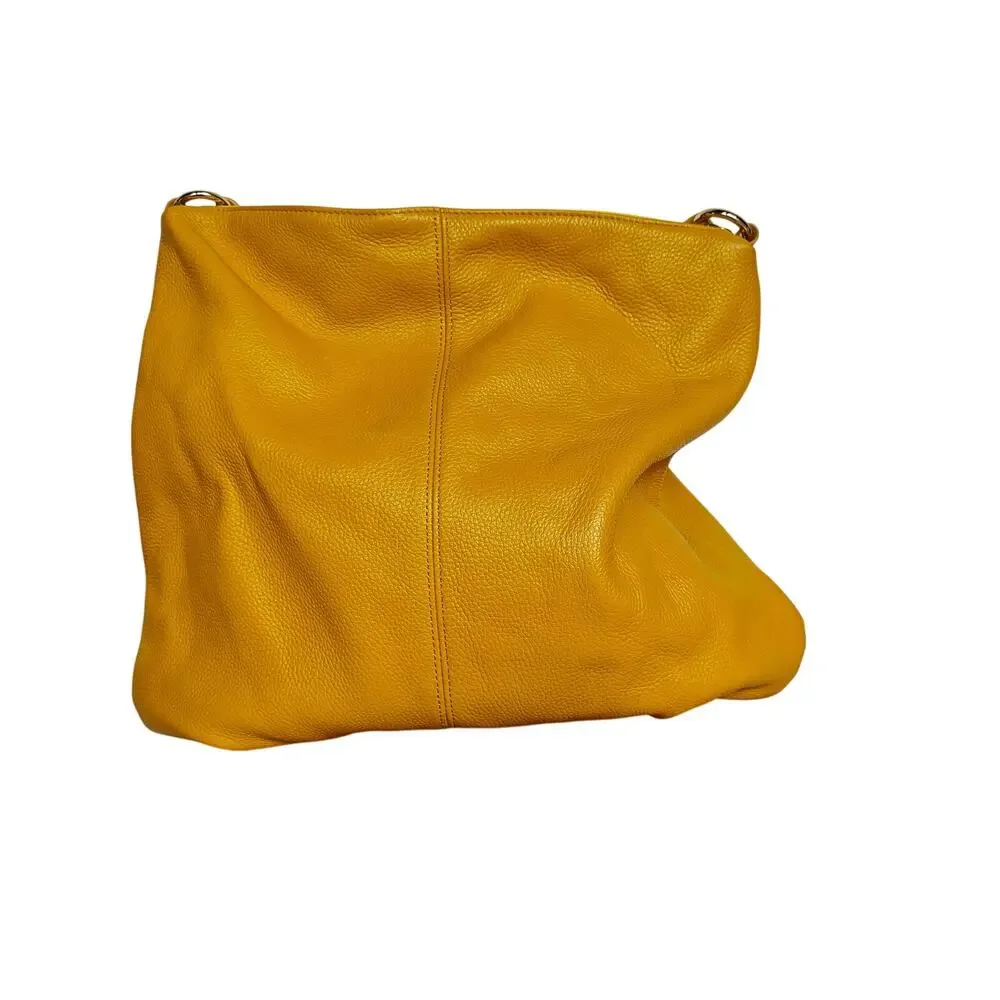 Laggo Pebbled Leather Hobo Shoulder Bag Yellow – Zip Top, Studded Front Pocket - Picture 4 of 8